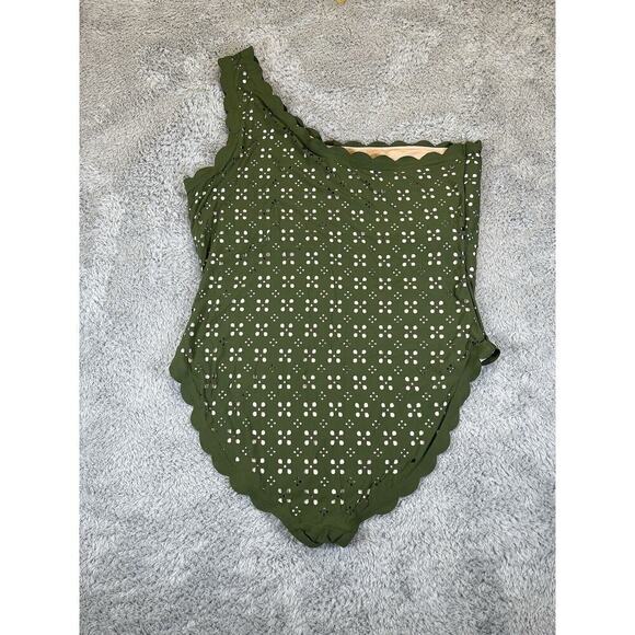 J. Crew Scalloped One-Shoulder‎ Swimsuit Size 20 Green Olive Nude Laser Cut Out - Picture 2 of 9